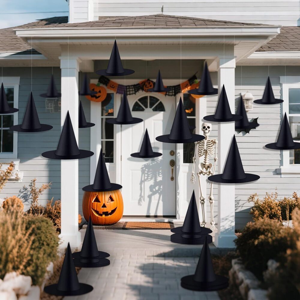 9952 48 Pcs Halloween Witch Hats, Black Hanging Witches Hat with 196 Feet
